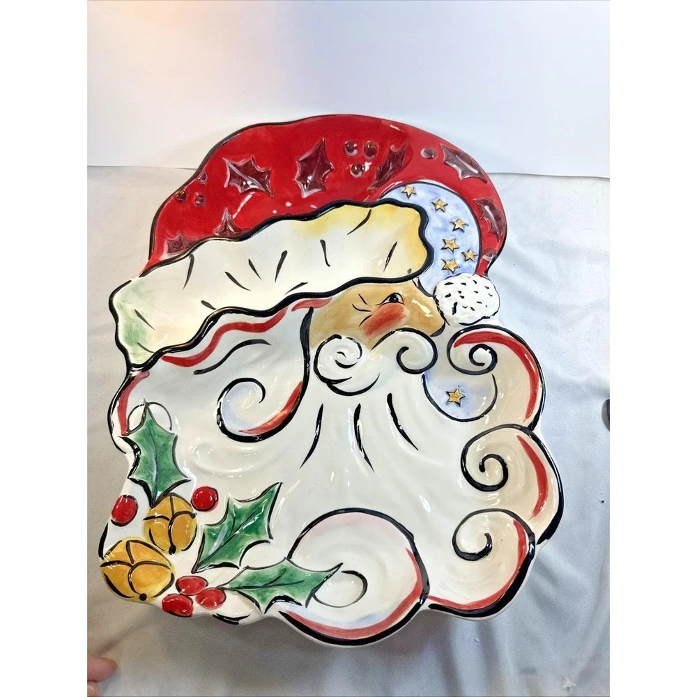 Vtg Clay Art Ceramic Merry Santa Divided 3-Section Chip & Dip Christmas Patter